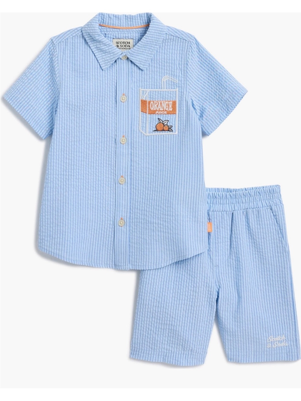 Scotch & Soda Light Blue Seersucker Shorts set -stripes orange juice box